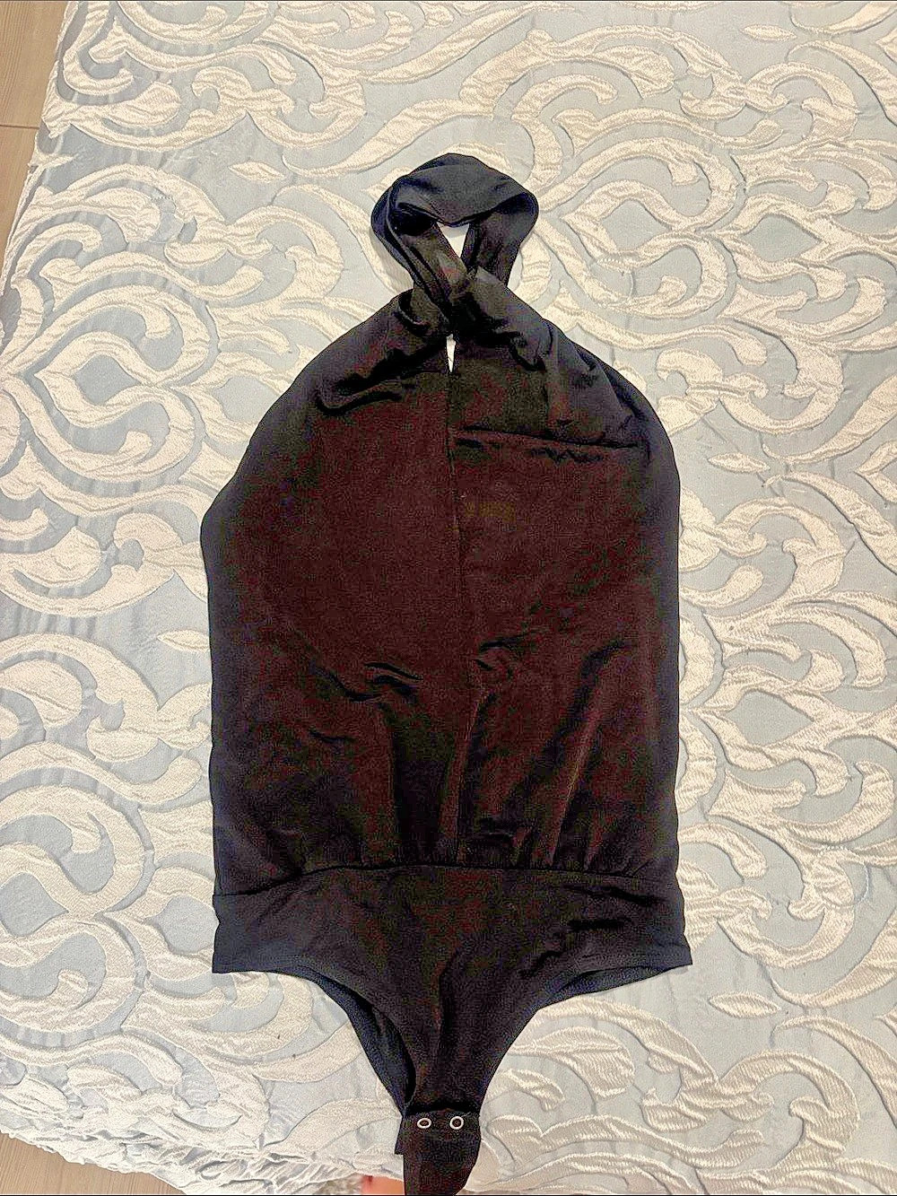Black backless halter body suit